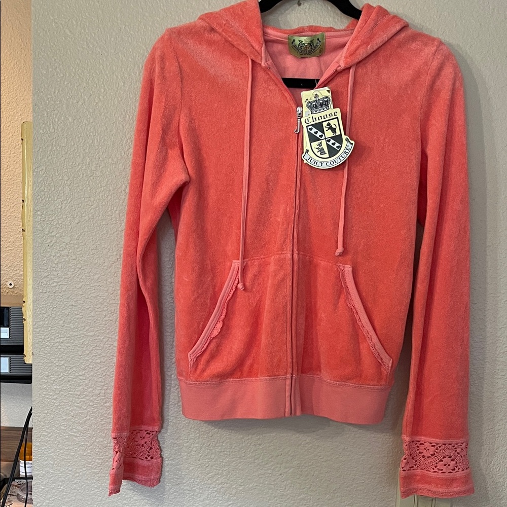 Juicy Couture Vibrant Coral Hoodie with Lace Details